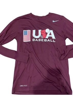 🔥Ts 3/$15 or 5/$20 Nike Dri-Fit USA Baseball Long Sleeve T Shirt Small Burgundy